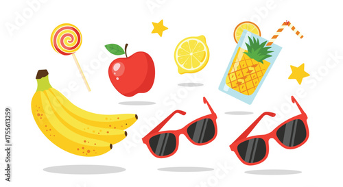 A vibrant summer collection featuring delicious fruits tasty treats and cool accessories for a fun day out.