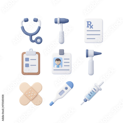 Collection of medical icons including stethoscope thermometer syringe and more isolated on transparent background
