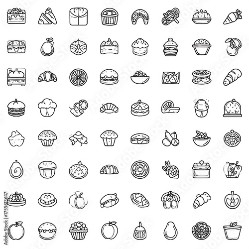 Vector graphic compilation of numerous pastries, desserts, and baked goods illustrations