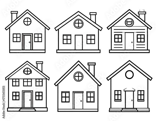 Vector graphic featuring six simplified house illustrations with varying architectural details