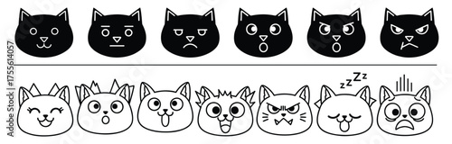 Cat icon collection. Set of cute cat emoji symbols. Cat head emoticon image with simple black and white lines and color blocks. Isolated vector..eps