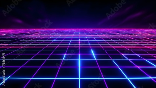 Abstract digital grid landscape with vibrant neon blue and pink glowing lines stretching into a dark futuristic horizon