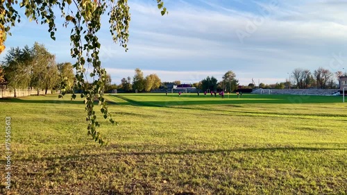 Men's soccer football team training on the green grass stadium field, evening sun light, wide shot, video footage