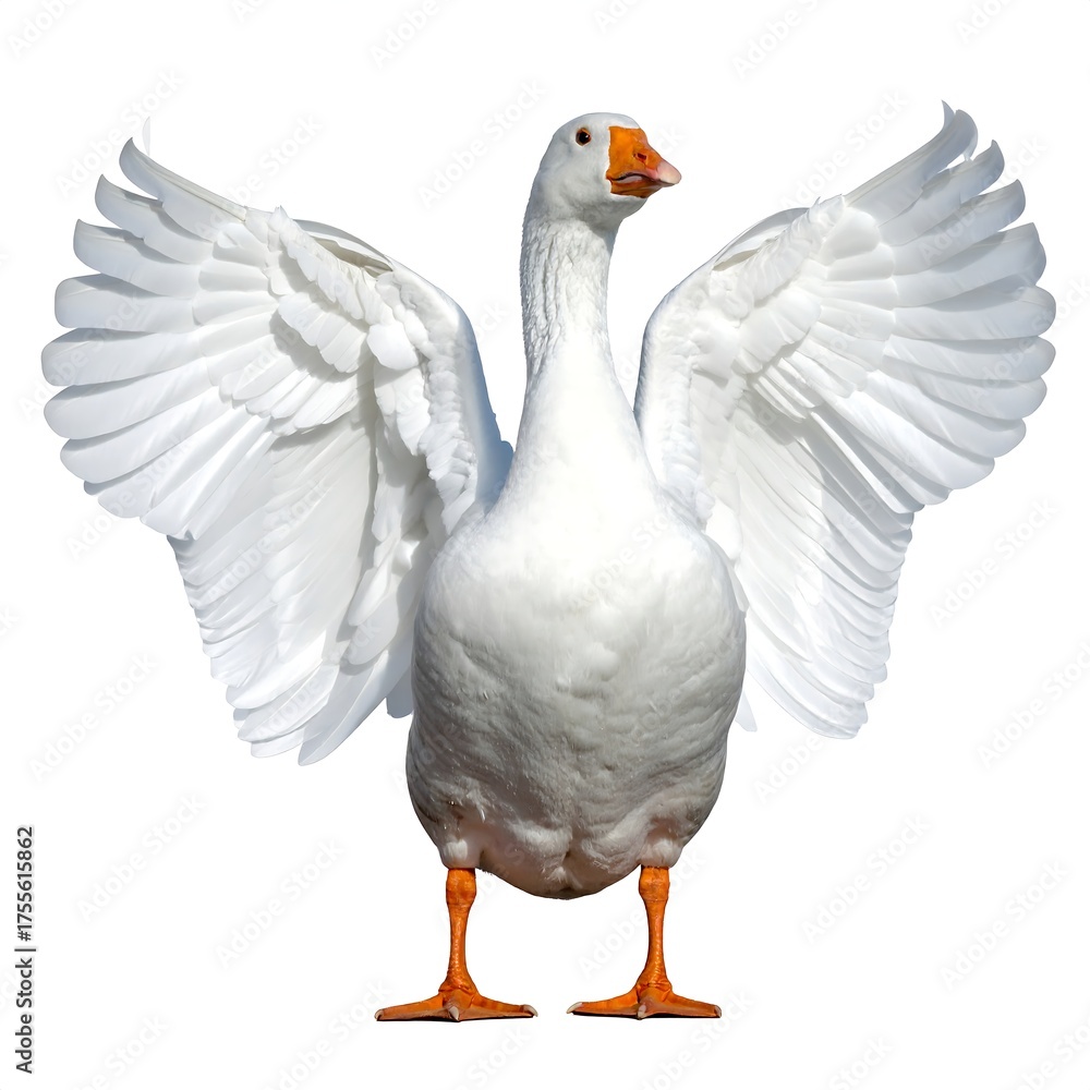 Fototapeta premium A large, white fowl with outstretched wings against a blank background