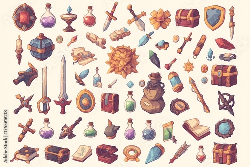 ファンタジーRPGの武器とアイテムのアイコンセット（剣・盾・ポーション・魔法）