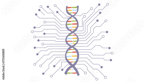 Digital DNA isolated ob white. Biotechnology and bioinformatics concept. Integration of genetics and technology. Vector flat clipart. 