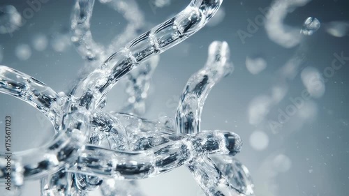 Transparent, watery structures intertwined with floating bubbles against a blurred backdrop