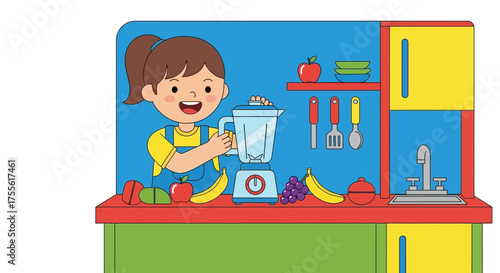 Delightful cartoon illustration of a cheerful girl preparing a healthy smoothie