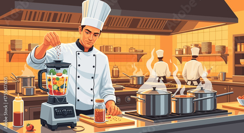 Chef meticulously prepares a vibrant fruit blend in a professional kitchen setting