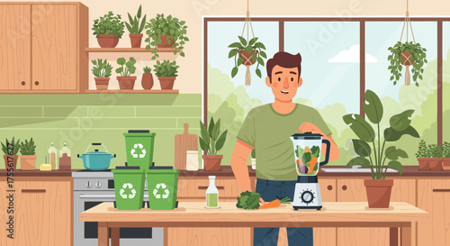 Illustration depicting eco-conscious lifestyle with recycling and healthy eating practices