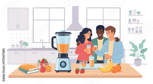Freshly blended: Friends enjoying homemade smoothies in a bright modern kitchen