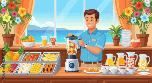 Preparing healthy breakfast smoothies at a tropical resort buffet station scene
