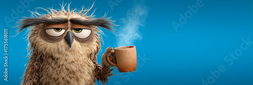 Cartoon character of a sleepy owl holding a hot coffee mug with a grumpy face on blue background with copy space, messy feathers, and a deep Monday morning mood. Caffeine-themed humor. Generative Ai.