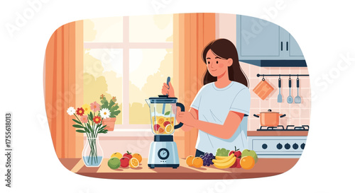Woman making fresh fruit smoothie in the kitchen for a healthy breakfast