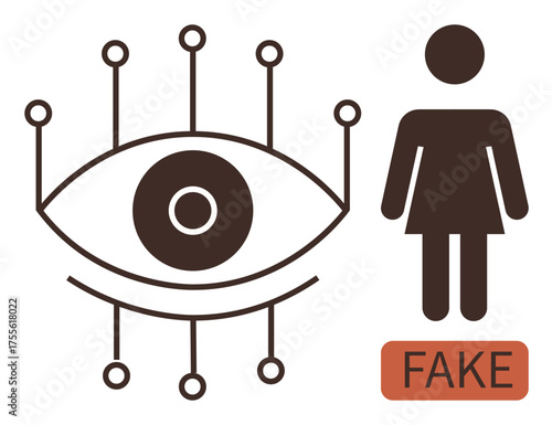 Eye with connected nodes symbolizes surveillance and technology, paired with a female figure marked FAKE. Ideal for identity verification, fraud detection, online security, AI ethics, digital