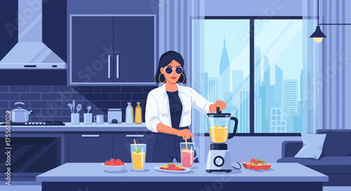 Modern woman preparing healthy smoothie in apartment with city skyline view