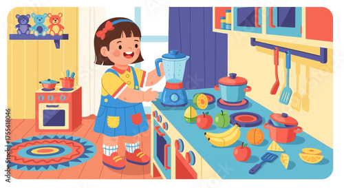 Wholesome scene of a young girl playfully experimenting in her toy kitchen
