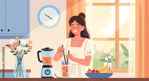 Woman preparing healthy smoothie at home in a brightly lit kitchen scene