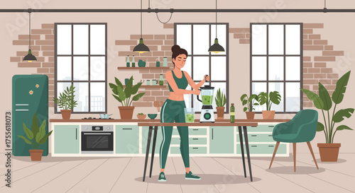 Illustration of a woman preparing a green smoothie in a modern kitchen setting