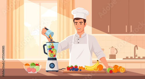 Enthusiastic chef prepares a healthy smoothie with fresh fruits in a kitchen setting