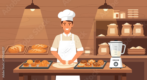 Cheerful baker preparing dough in a warm and inviting bakery setting illustration