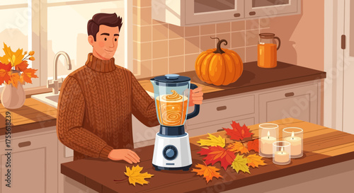 Preparing autumn flavors: A man blending the essence of the season at home