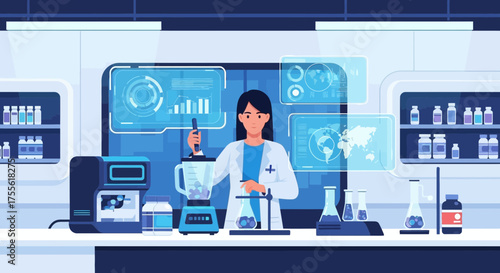 Futuristic laboratory scene: Scientist conducting research with technology integration