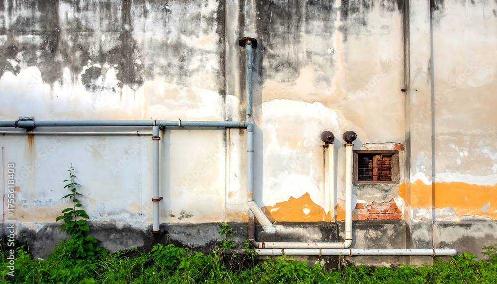 Obraz premium Crumbling exterior wall with pipes, faded paint, and wild green growth at the base adds to the textured scene