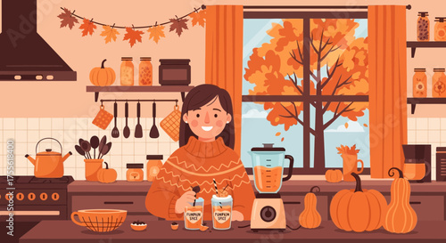 Cozy Autumn Kitchen Scene: A Woman Making Pumpkin Spice Lattes on a Crisp Day