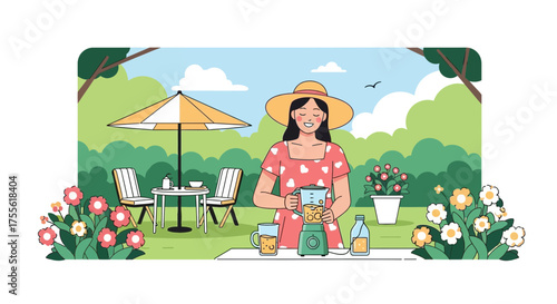 Woman preparing smoothie in sunlit garden ambiance with tranquility illustration