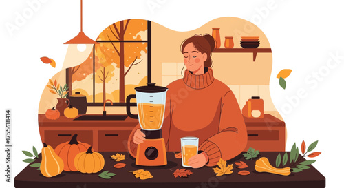 Illustration of a serene woman preparing a pumpkin smoothie in an autumn kitchen scene