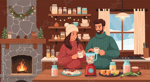 Cozy winter scene: couple preparing healthy smoothie together in rustic cabin kitchen