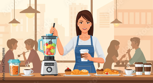 Cheerful barista preparing fresh fruit smoothie and serving coffee at a café