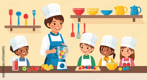 Culinary classroom scene featuring diverse children learning to cook with a chef