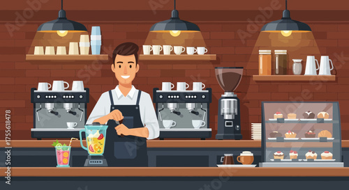 Busy barista crafting a refreshing smoothie in a cozy, warm-toned coffee shop setting