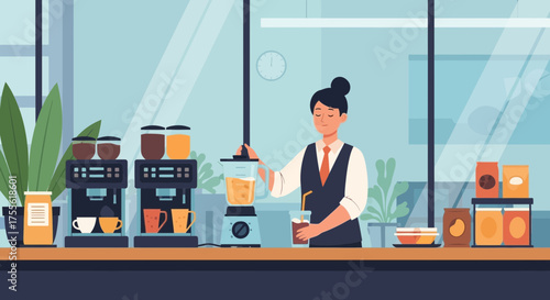 Smiling barista in a café preparing smoothie with coffee machines in the background