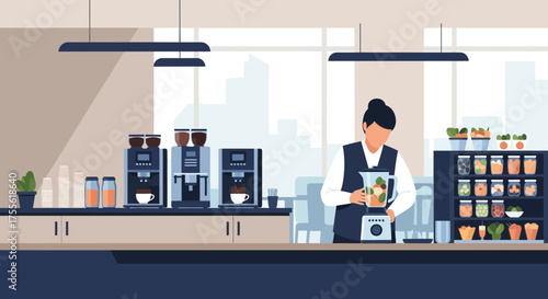 Illustration of barista preparing smoothie and coffee beverages in a cafe or juice bar