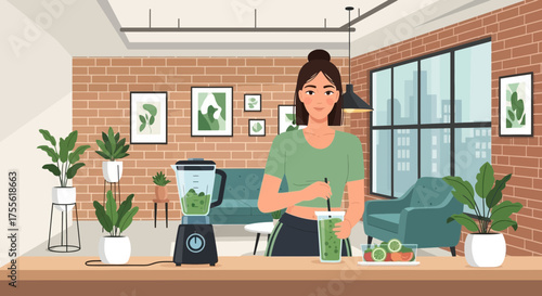 Young woman preparing and enjoying a healthy green smoothie in a modern kitchen
