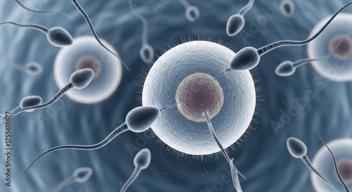 Human Fertilization Process Sperm Cells Approaching Egg Cell Close Up Microscopic View
