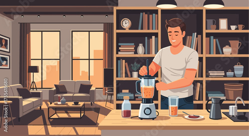 Man crafting a smoothie in modern living space, embodying a healthy and vibrant lifestyle
