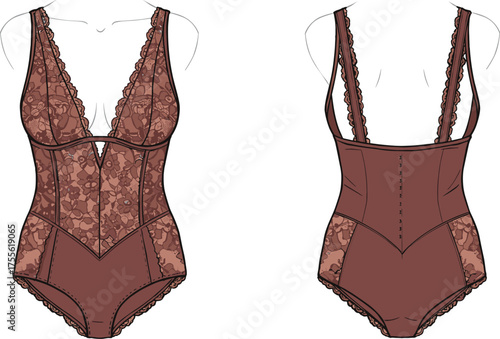 Elegant brown lace bodysuit vector illustration with floral sheer panels, lingerie fashion design, front and back view, stylish garment artwork