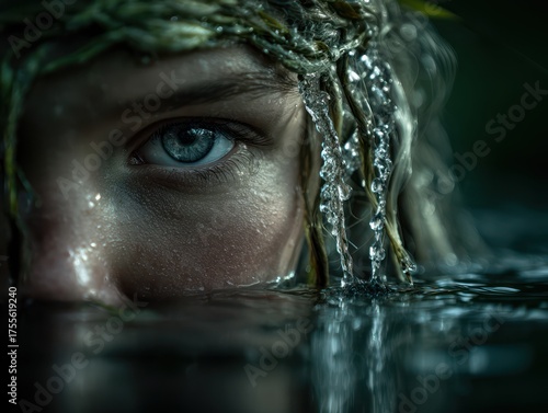 the calm lake water surface and a head of a mermaid emerging from the water