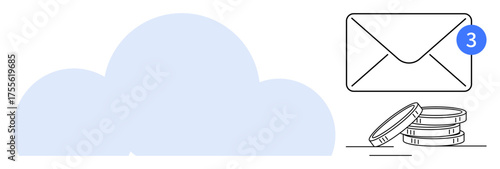 Large cloud with email notification and coin stacks representing cloud storage, new messages, finances, and digital data. Ideal for technology, finance, communication, storage, remote work economy