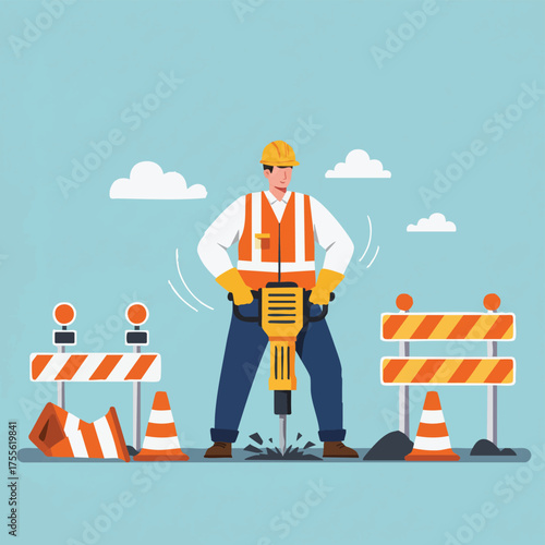 An illustration depicts a construction worker using a jackhammer to break up asphalt on a road with safety barriers.