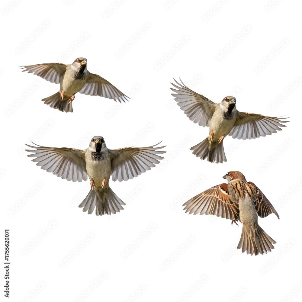 Fototapeta premium Four Male and Female Sparrows Flying: Wildlife Studio Cutouts.
