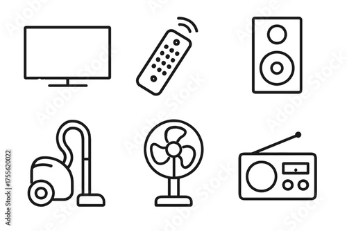 Home appliance icons: television, remote, speaker, vacuum, fan, radio