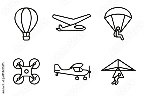 Minimalist icons of air travel and adventure: glider, parachute, drone, hot air balloon, plane, hang glider