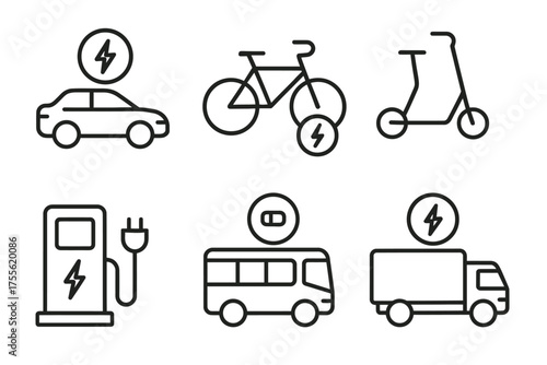 Electric transportation icons: car, bicycle, scooter, charging station, bus, truck