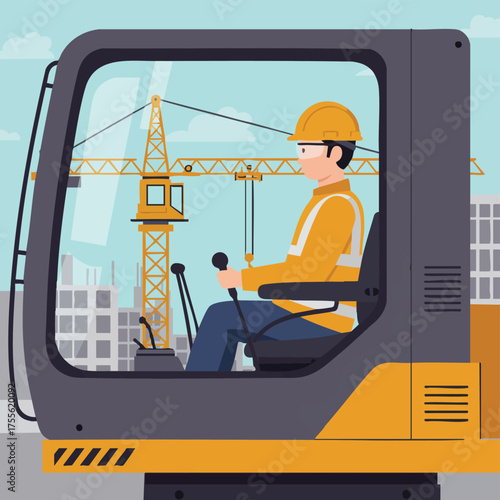 An excavator operator safely maneuvers heavy machinery at a construction site, with a crane in the background, ensuring efficient building progress.