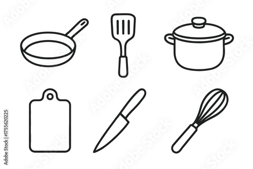 Minimalist kitchen utensils set: frying pan, spatula, pot, cutting board, knife, whisk